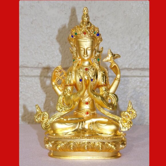 AVALOKITESVARA BUDDHA BEJEWELED GOLD ALLOY PLATED 6 IN STATUE-4 Arms-Bodhisattva - Picture 16 of 16